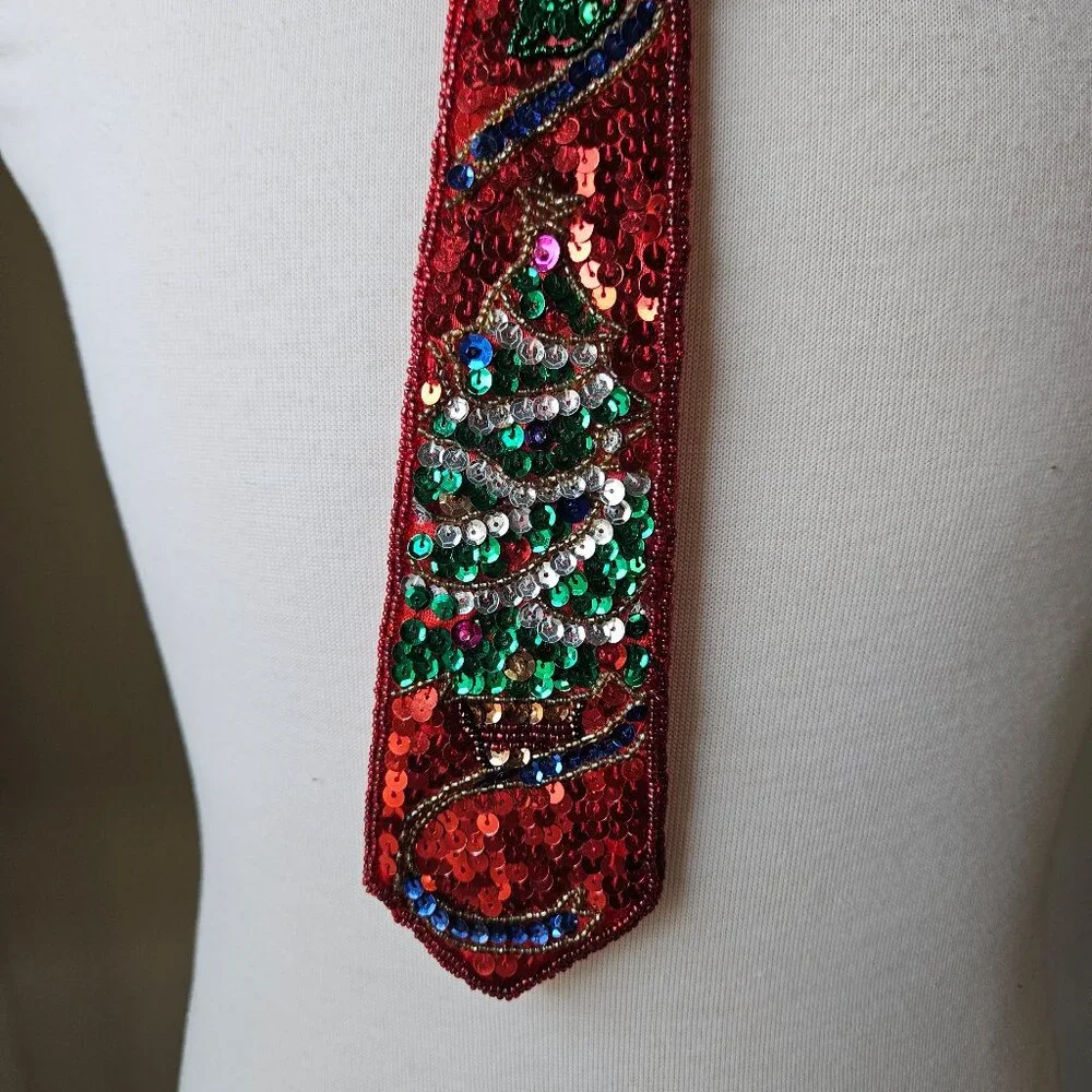 Vintage 90s Christmas Tree Ugly Sweater Party Sequin‎ Embellished Neck Tie